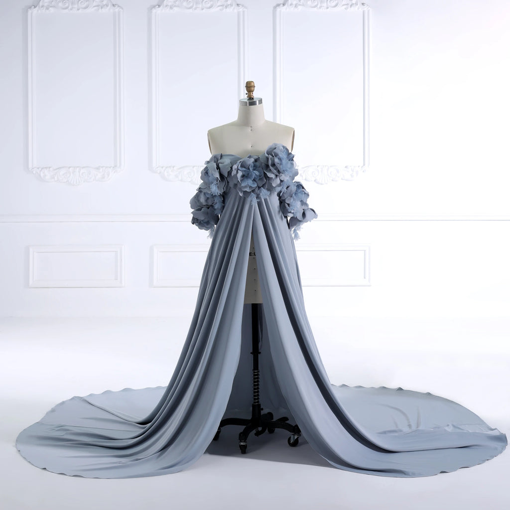 Sunnderly Umstandskleid mit schulterfreier Vorderseite und offener Vorderseite, handgefertigt, 3D-Blumen, für Fotoshooting, Babyparty, Schwangerschafts-Fotoshooting-Kleid 