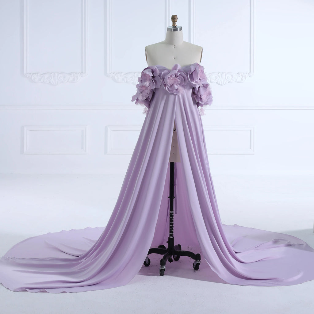 Sunnderly Umstandskleid mit schulterfreier Vorderseite und offener Vorderseite, handgefertigt, 3D-Blumen, für Fotoshooting, Babyparty, Schwangerschafts-Fotoshooting-Kleid 