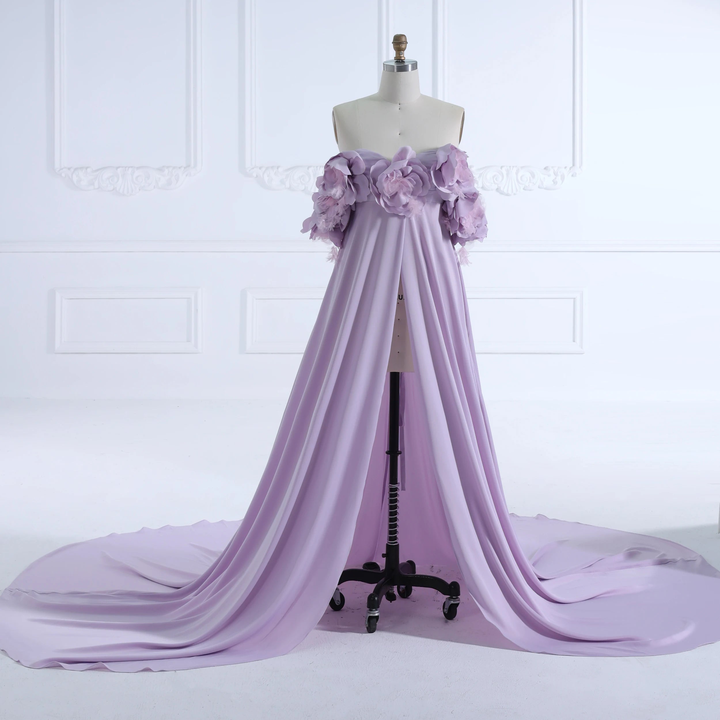 Sunnderly Umstandskleid mit schulterfreier Vorderseite und offener Vorderseite, handgefertigt, 3D-Blumen, für Fotoshooting, Babyparty, Schwangerschafts-Fotoshooting-Kleid 