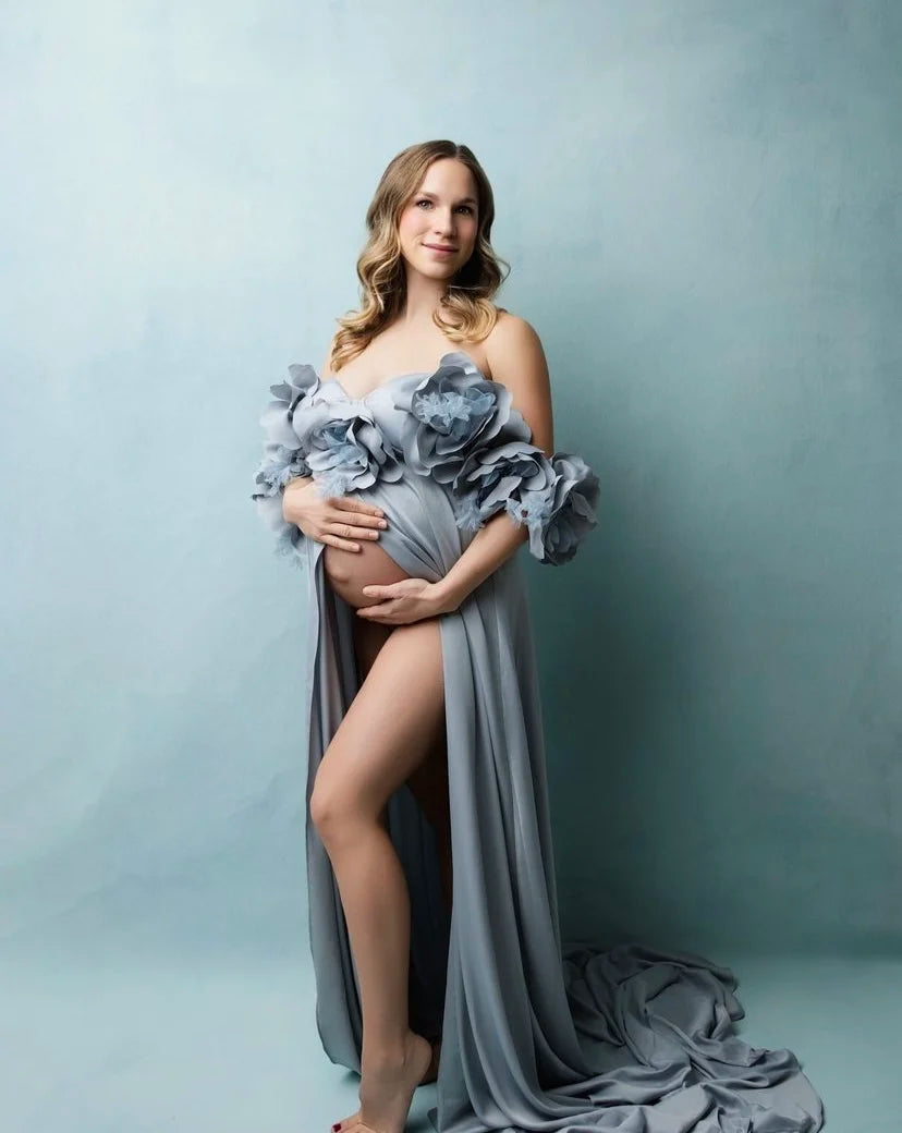 Sunnderly Umstandskleid mit schulterfreier Vorderseite und offener Vorderseite, handgefertigt, 3D-Blumen, für Fotoshooting, Babyparty, Schwangerschafts-Fotoshooting-Kleid 