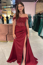 Off-Shoulder Mermaid Floral Long Prom Dress with Slit