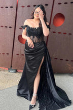 Off-Shoulder Mermaid Floral Long Prom Dress with Slit