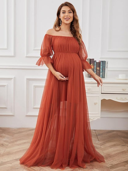 Schulterfreies Umstandskleid aus Tüll für Babyparty SY030 