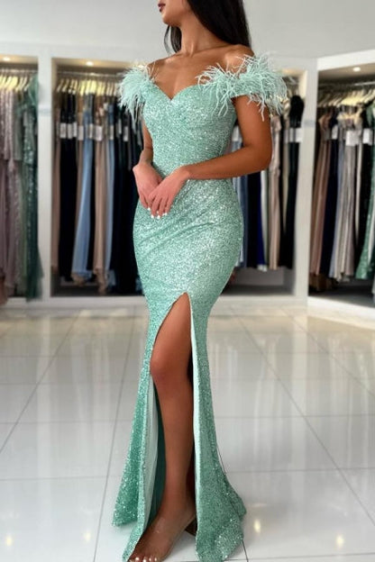 Off The Shoulder Light Green Split Front Prom Dress with Sequins