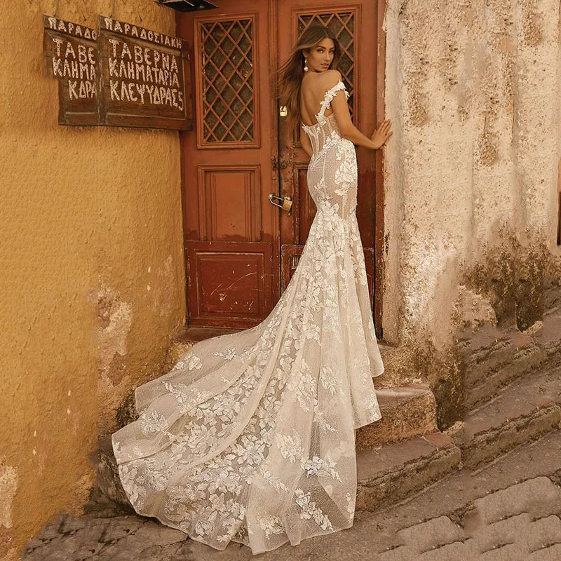 Off The Shoulder Mermaid Wedding Dresses Backless Lace Vestidos De Novia Appliques Beach Country Vestido De Noiva-payinti