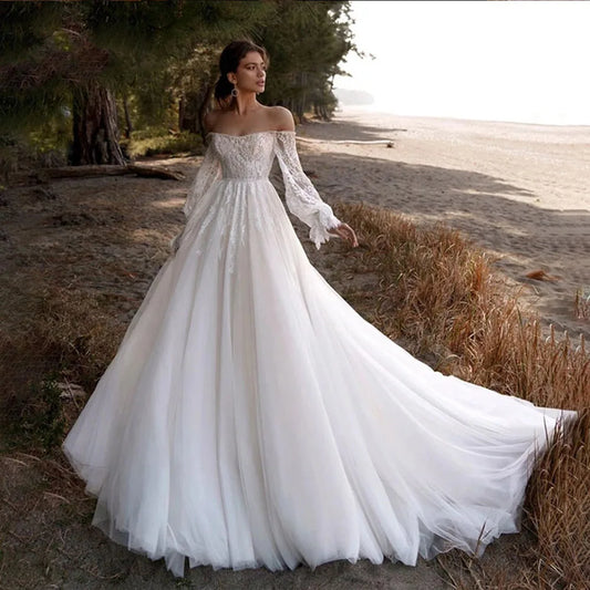 Off The Shoulder Wedding Dress Lace Applique Sweetheart Bridal Gown Puff Long Sleeves свадебное платье Vestido De Novia-payinti