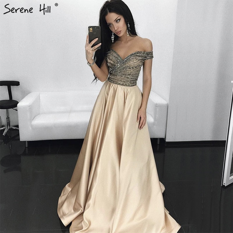 Vestido de fiesta de noche de satén con cristales y diamantes de imitación, corte en A, sexy, con hombros descubiertos y cuentas, LA6252, 2025 