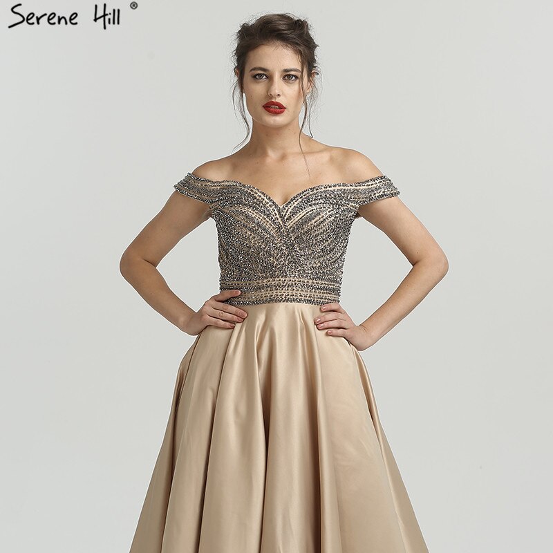 Vestido de fiesta de noche de satén con cristales y diamantes de imitación, corte en A, sexy, con hombros descubiertos y cuentas, LA6252, 2025 