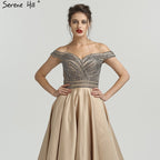 Vestido de fiesta de noche de satén con cristales y diamantes de imitación, corte en A, sexy, con hombros descubiertos y cuentas, LA6252, 2025 