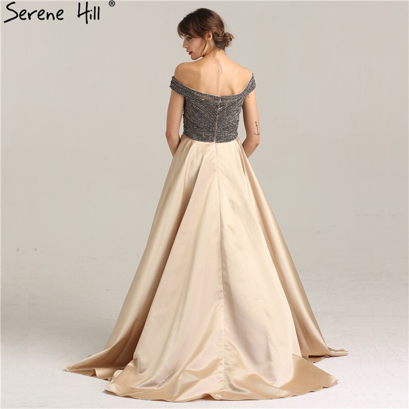 Vestido de fiesta de noche de satén con cristales y diamantes de imitación, corte en A, sexy, con hombros descubiertos y cuentas, LA6252, 2025 