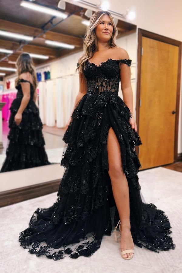 Vestido de fiesta de noche largo de encaje negro con hombros descubiertos y abertura lateral