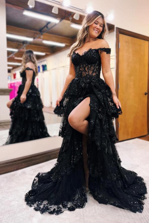 Vestido de fiesta de noche largo de encaje negro con hombros descubiertos y abertura lateral