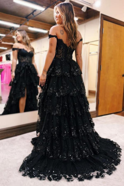 Vestido de fiesta de noche largo de encaje negro con hombros descubiertos y abertura lateral