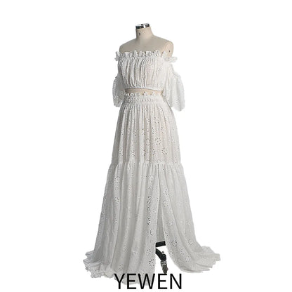 Off the Shoulder Elastic Waist Cut-out Flower Boho Maternity Dress for Photo Shoot Boho Beach Wedding Maxi Dress YEWEN SY230308