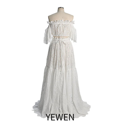 Off the Shoulder Elastic Waist Cut-out Flower Boho Maternity Dress for Photo Shoot Boho Beach Wedding Maxi Dress YEWEN SY230308