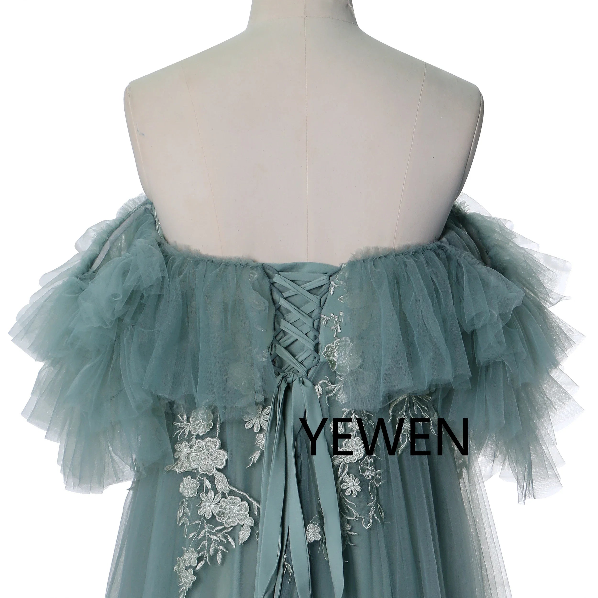 Schulterfreies, ozeanblaues, gestuftes Umstands-Fotoshooting-Kleid aus Tüll mit Blumenstickerei SY240002 