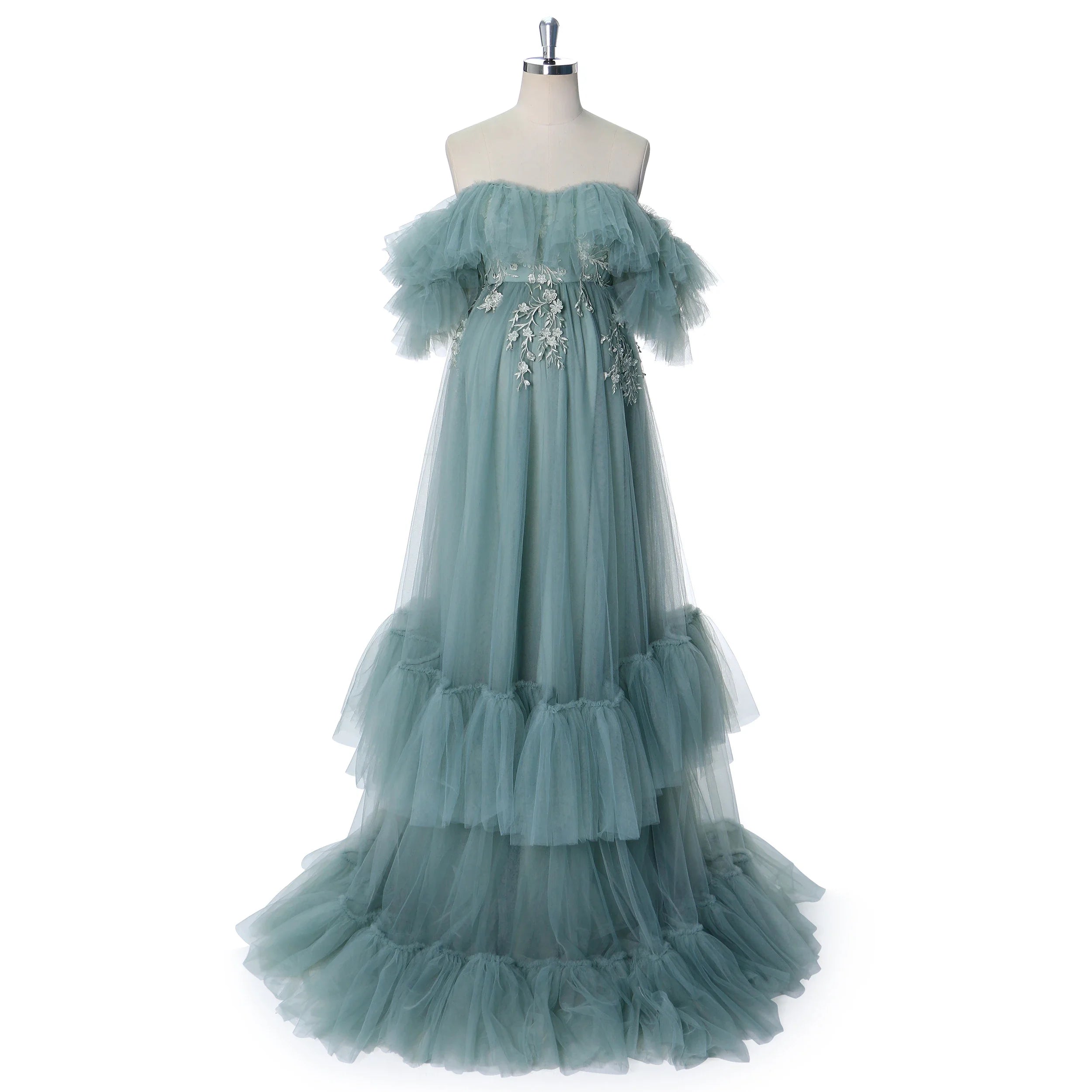 Schulterfreies, ozeanblaues, gestuftes Umstands-Fotoshooting-Kleid aus Tüll mit Blumenstickerei SY240002 