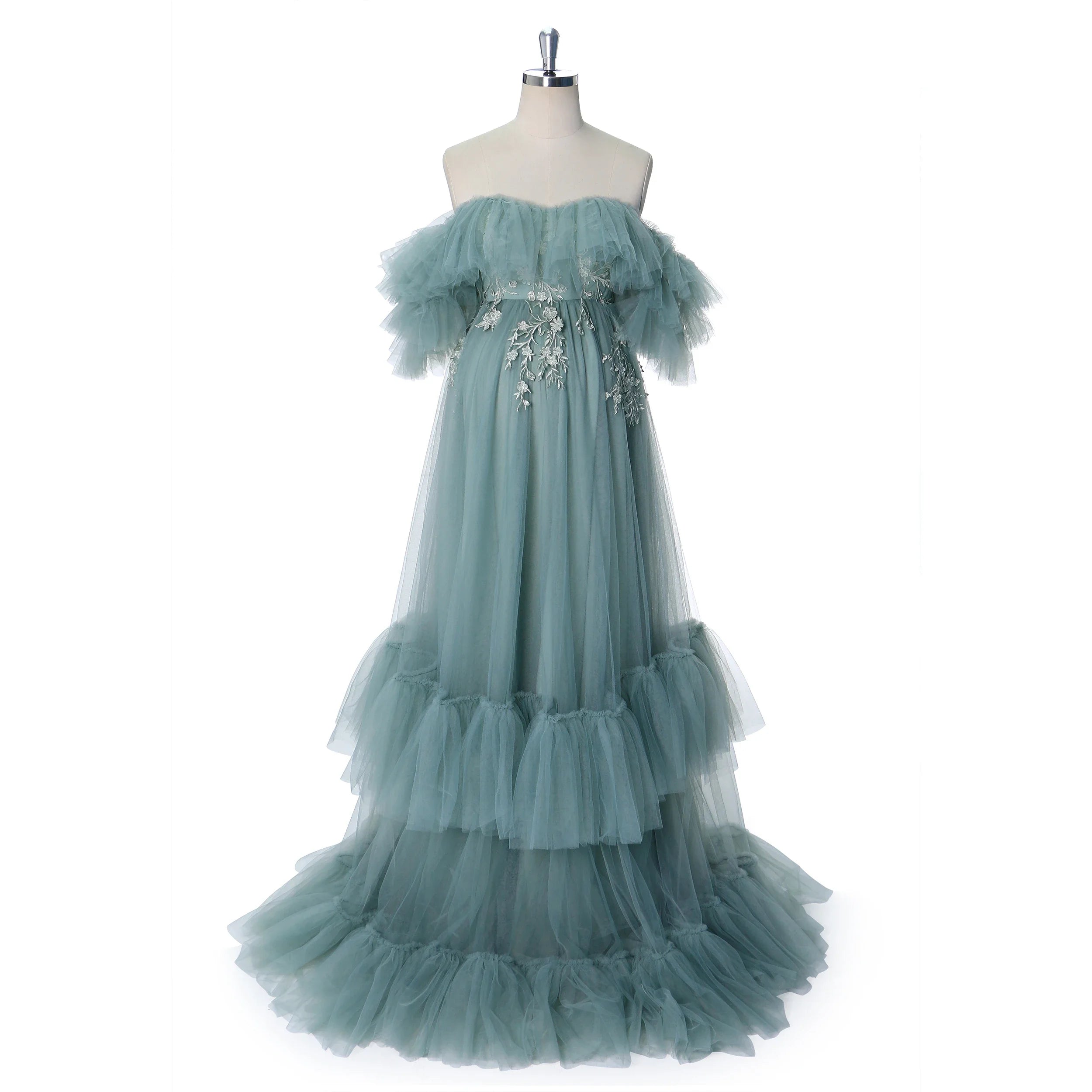 Schulterfreies, ozeanblaues, gestuftes Umstands-Fotoshooting-Kleid aus Tüll mit Blumenstickerei SY240002 