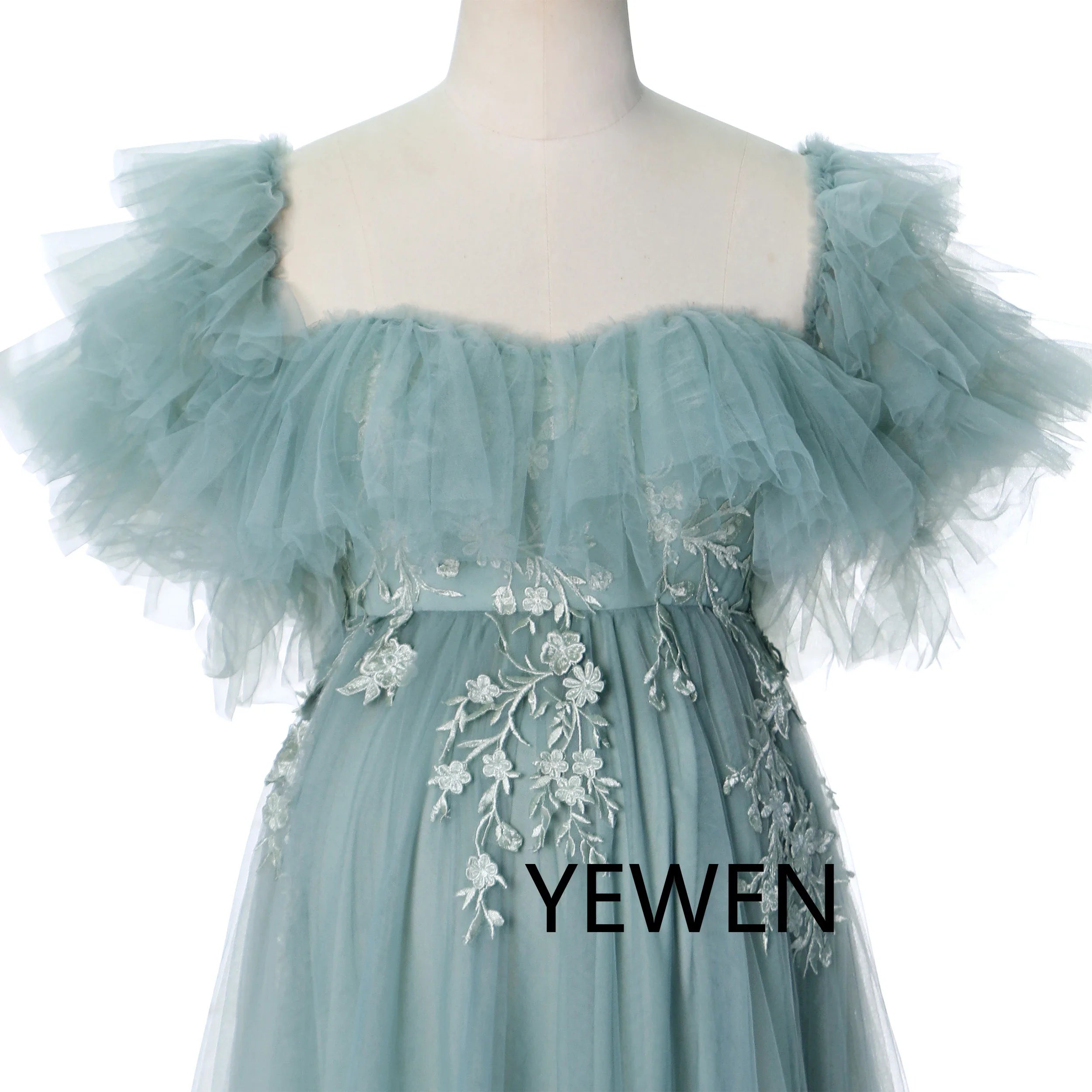 Schulterfreies, ozeanblaues, gestuftes Umstands-Fotoshooting-Kleid aus Tüll mit Blumenstickerei SY240002 