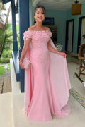 Lange Meerjungfrau Off the Shoulder Satin Blumen Abendkleider mit Cape