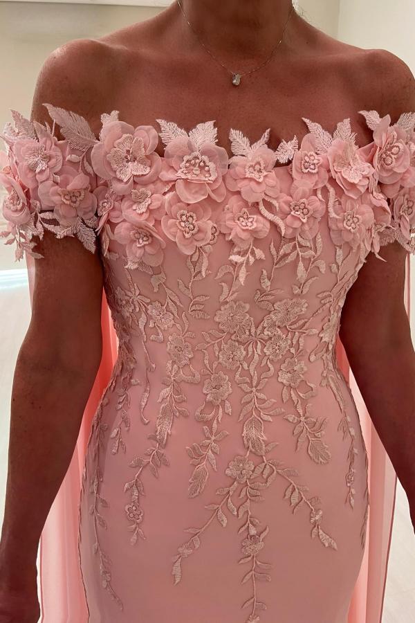 Lange Meerjungfrau Off the Shoulder Satin Blumen Abendkleider mit Cape