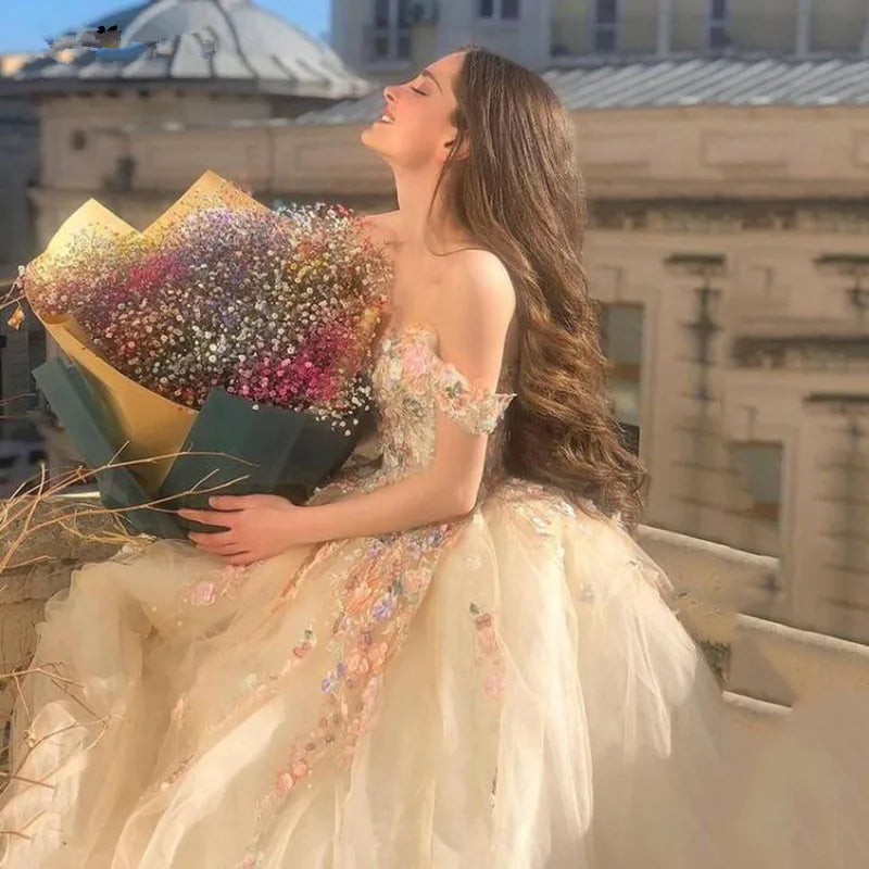 Off the Shoulder Sweetheart Tulle Long Evening Gowns 3D Flowers Appliques Formal Party Dresses Princess Ball Gown Prom Dresses-payinti