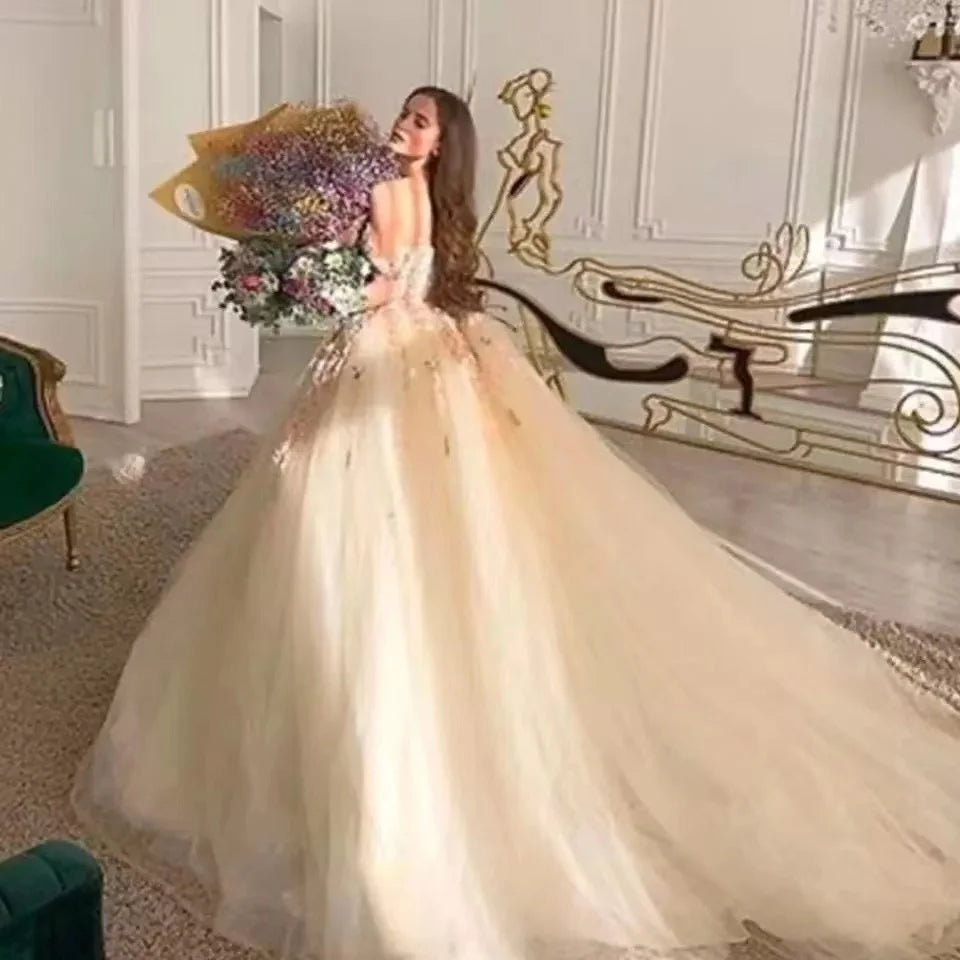 Off the Shoulder Sweetheart Tulle Long Evening Gowns 3D Flowers Appliques Formal Party Dresses Princess Ball Gown Prom Dresses-payinti