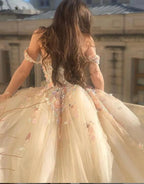 Off the Shoulder Sweetheart Tulle Long Evening Gowns 3D Flowers Appliques Formal Party Dresses Princess Ball Gown Prom Dresses-payinti