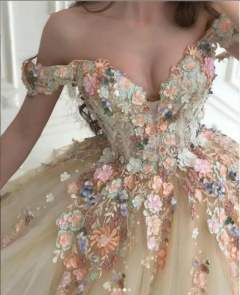 Off the Shoulder Sweetheart Tulle Long Evening Gowns 3D Flowers Appliques Formal Party Dresses Princess Ball Gown Prom Dresses-payinti
