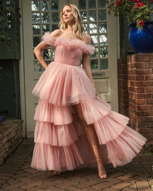 Schulterfreies High Low Tüll-Ballkleid SYP179