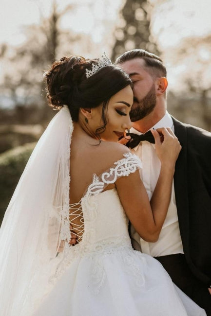 Off the shoulder White Garden Ball Gown Wedding Dress
