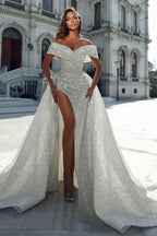 Elegante Meerjungfrau Off-the-Shoulder Pailletten Lange Brautkleider Mit Schlitz