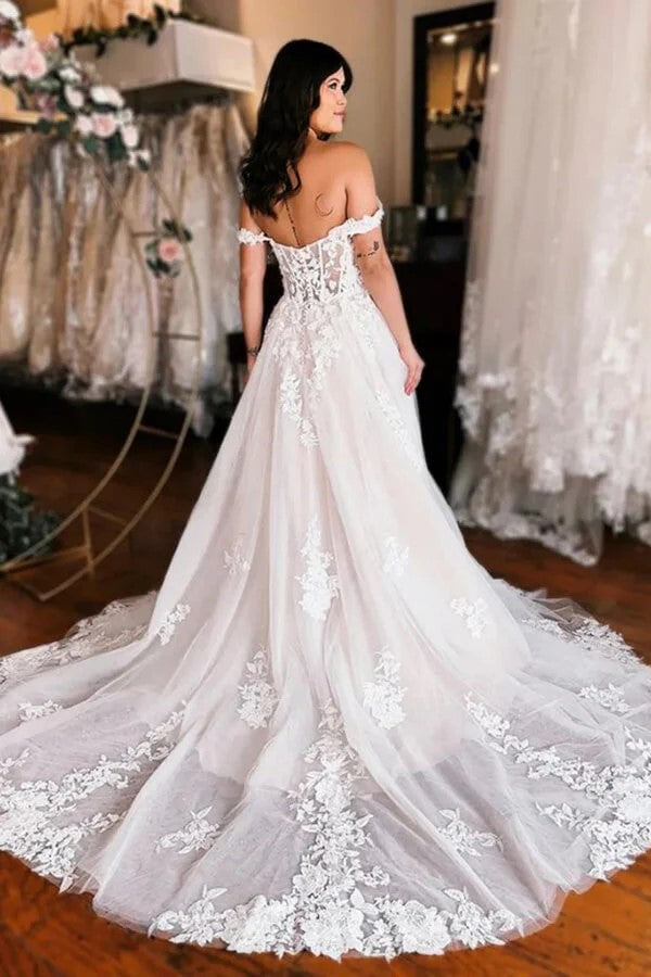 Off Shoulder Elegant Wedding Dress Boho Wedding Dress With Slit  WD735