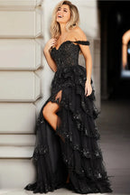 Tiered Ruffle Prom Dress High Slit Corset Prom Dress SYP174