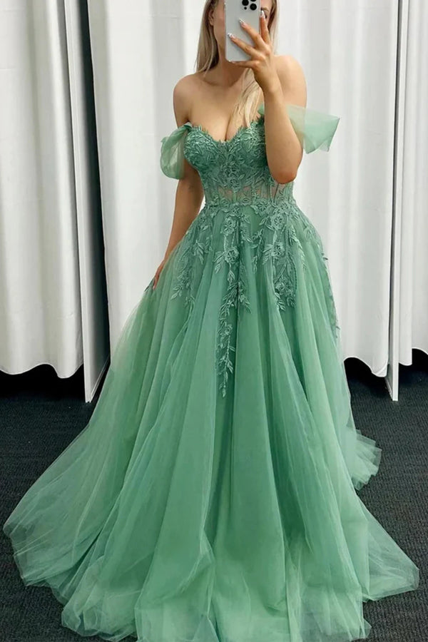Schulterfreies, langes Ballkleid aus grüner Spitze, grünes Abendkleid PSK549