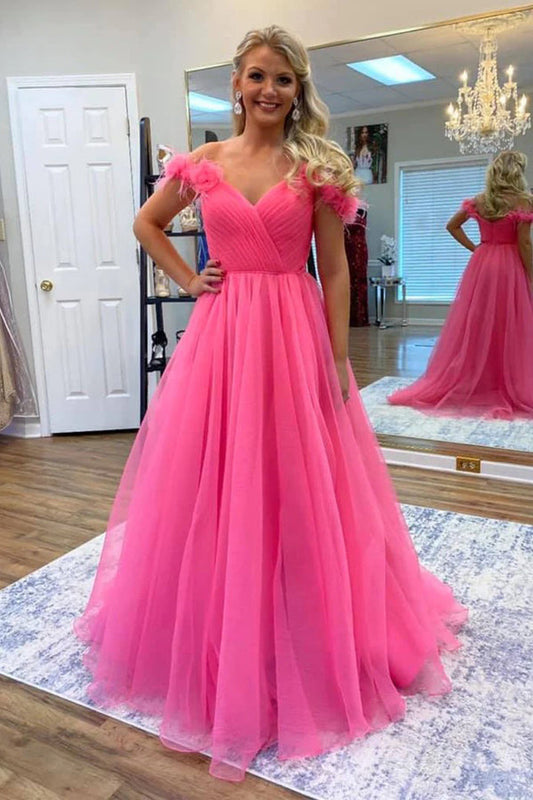 Robe de bal en tulle rose vif à épaules dénudées avec fleurs 3D PSK534