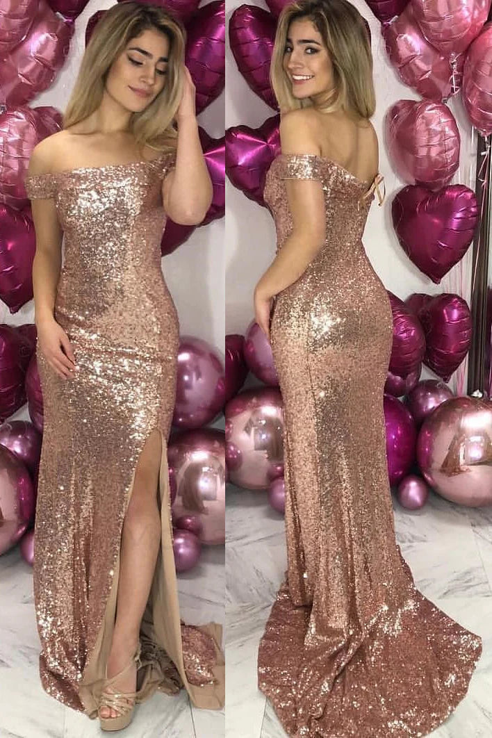 Schulterfreies Abendkleid mit roségoldenen Pailletten und Schlitz SYP89