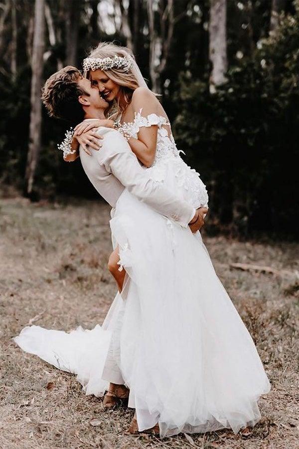 Off the Shoulder Ball Gown White Tulle Wedding Dresses with Applique  WD561