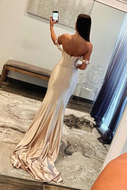 Persephone | Heißrosa Meerjungfrau-Ballkleid aus Satin mit Blumenmuster und Trägern