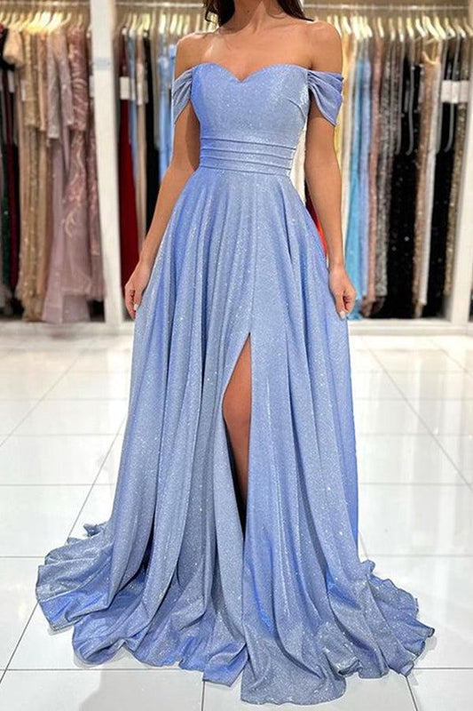 Schulterfreies, glänzendes, blaues, langes Ballkleid, formelles Kleid PSK379