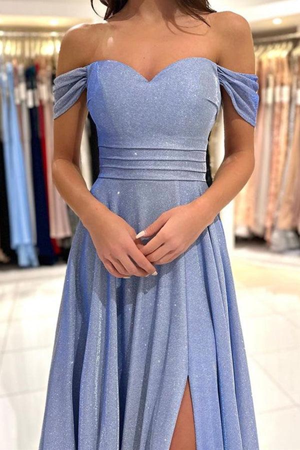 Schulterfreies, glänzendes, blaues, langes Ballkleid, formelles Kleid PSK379