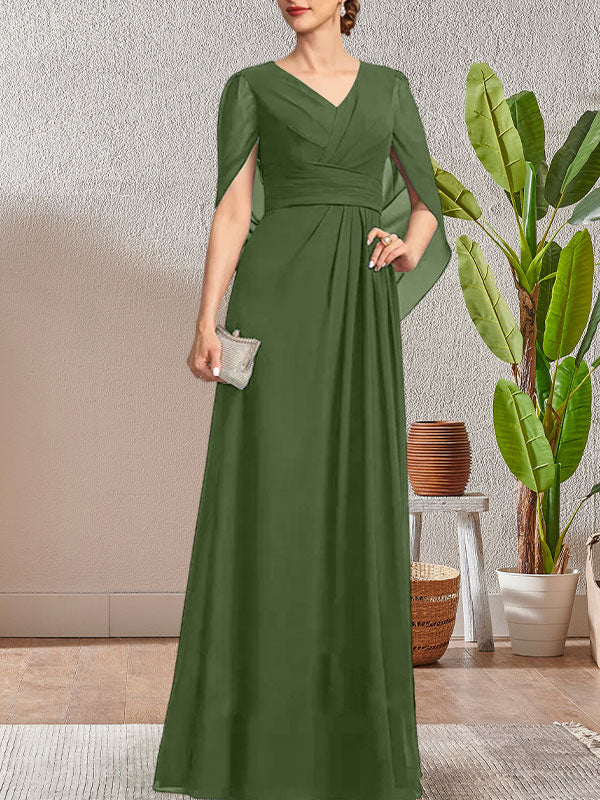 Vestido largo azul marino oscuro con escote en V y corte A para madre de la novia