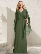 Vestido de gasa para madre de la novia con escote en V, corte A y largo hasta el suelo, con volantes en cascada y cuentas