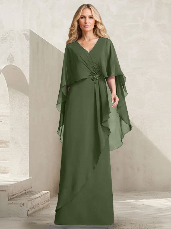Vestido de gasa para madre de la novia con escote en V, corte A y largo hasta el suelo, con volantes en cascada y cuentas