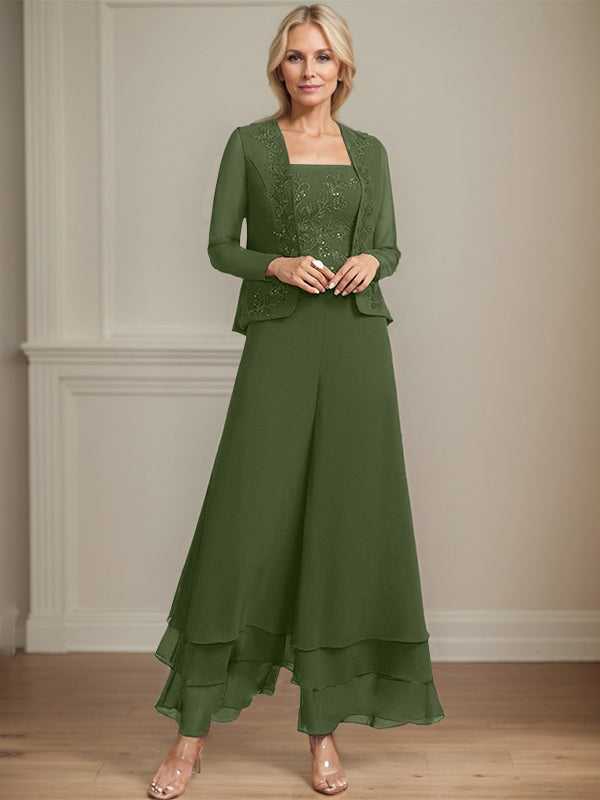 Vestido de madre de la novia de gasa con encaje y lentejuelas, largo hasta los tobillos, con mono/pantalón separado
