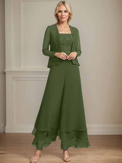 Separates Jumpsuit/Hosenanzug Quadratisches Knöchellanges Spitzenchiffonkleid für die Brautmutter mit Pailletten 