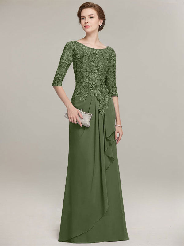 Vestido de gasa con encaje, corte A, escote ilusión, largo hasta el suelo, para madre de la novia con volantes en cascada