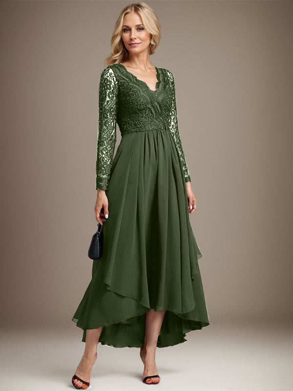 Vestido de madre de la novia de gasa con encaje asimétrico, escote en V y corte A