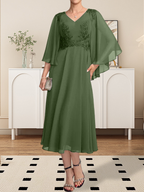 A-Linie V-Ausschnitt Wadenlanges Chiffon-Spitzenkleid für die Brautmutter mit Perlen und Pailletten