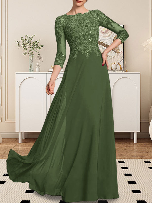 Vestido de gasa con encaje y lentejuelas para madre de la novia, corte A, largo hasta el suelo